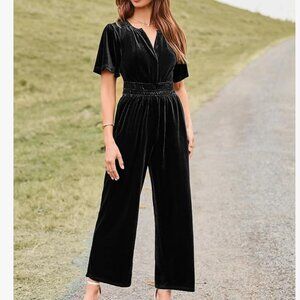 Short Sleeve Wide Leg Black Velvet Romper